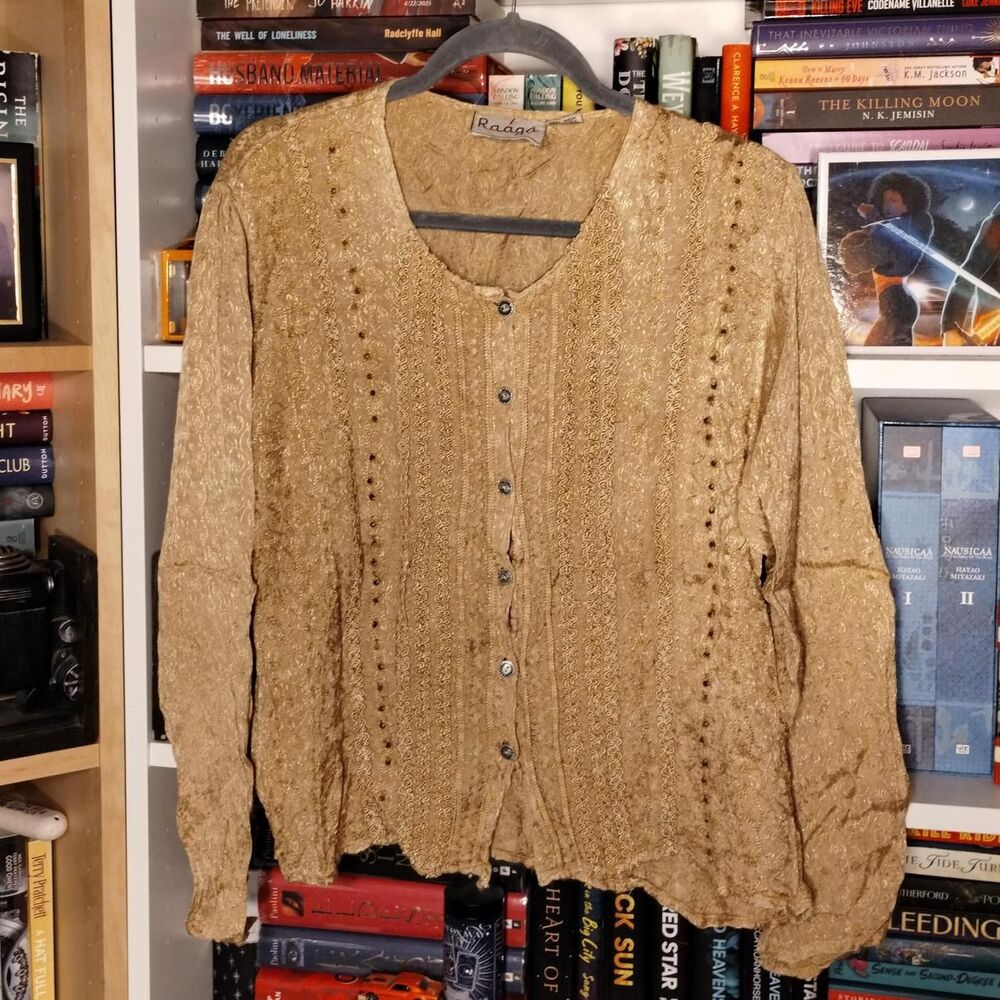 Raaga Vintage Boho Gold Embroidered Beaded Blouse with button-up front